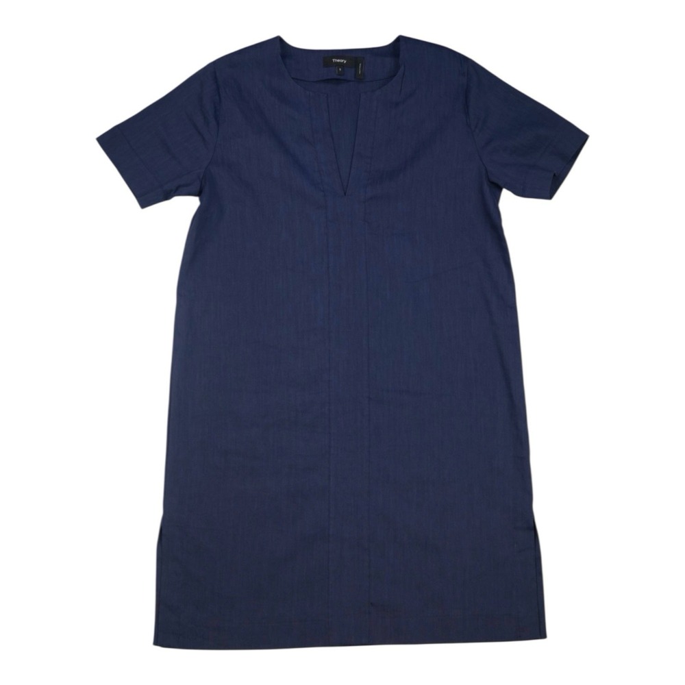 Theory Caliver Linen Blend Shift Dress Womens S Navy Blue Minimalist Work